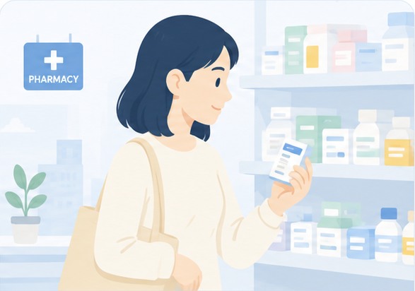 Traveler choosing over-the-counter medicine at a pharmacy in Japan