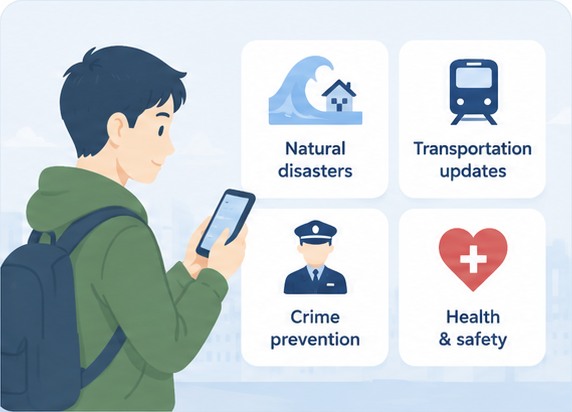 Traveler checking natural-disaster, transport, crime-prevention and health safety information in Japan