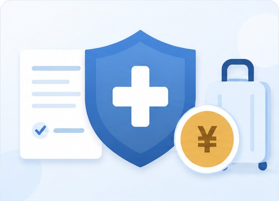 Travel insurance documents, medical protection and Japanese yen prepared for a trip to Japan