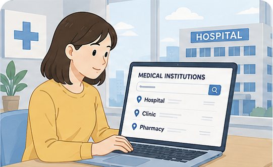 Traveler using the official medical institution search to find a hospital or clinic in Japan