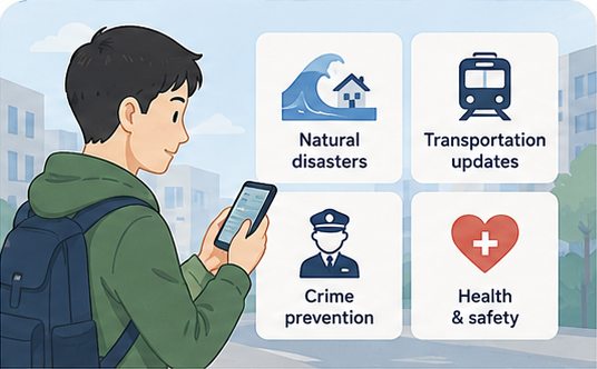 Traveler checking disaster, transport, crime prevention and health alerts in the Safety Tips app