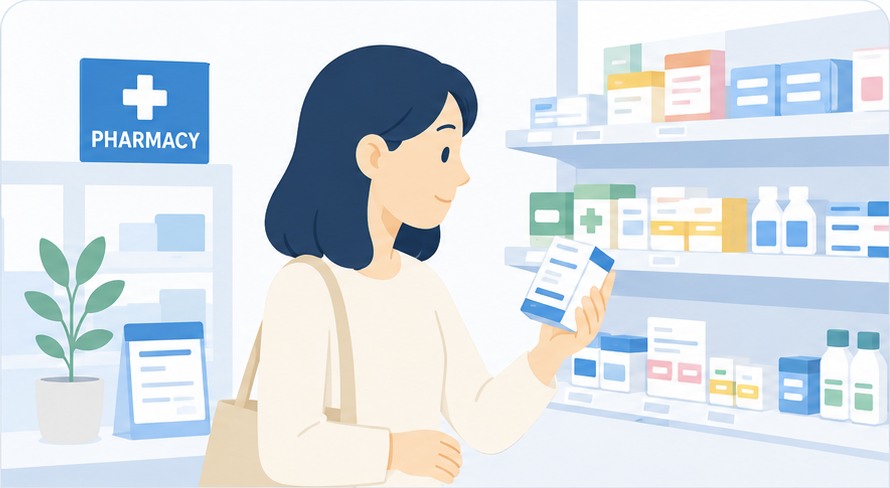Traveler choosing over-the-counter medicine at a pharmacy in Japan