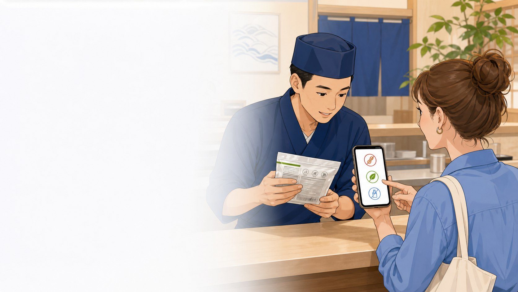 Traveler showing a dietary restriction card while restaurant staff checks an ingredient package