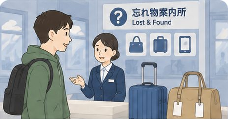 Traveler asking station staff at a lost and found counter in Japan