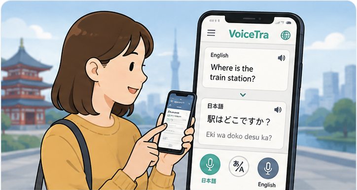 Traveler using the official VoiceTra speech translation app in Japan