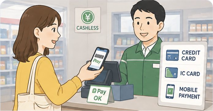 Traveler checking the tax-free shopping refund method at a store in Japan