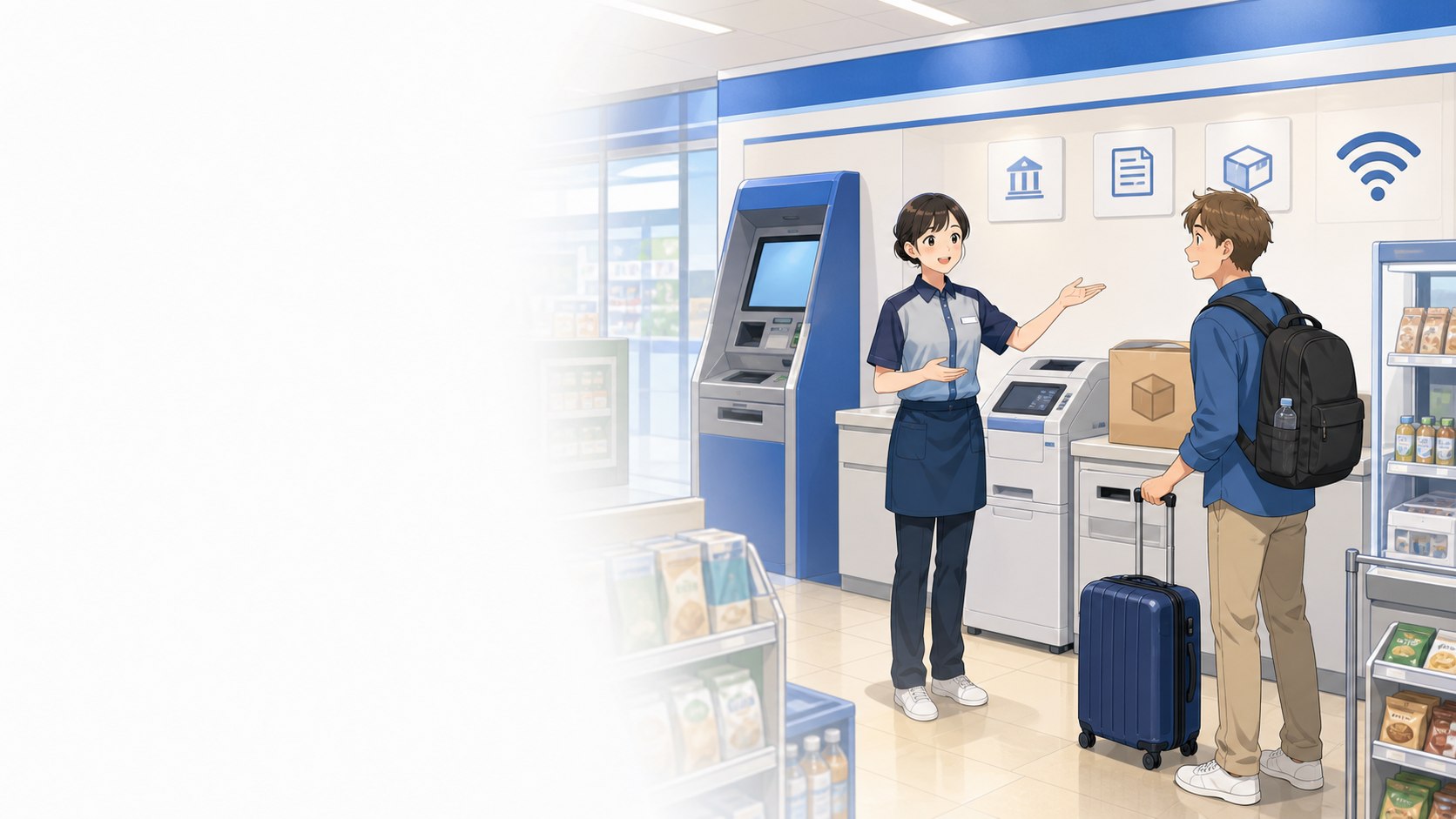 Traveler using an ATM, ticket machine, parcel service and Wi-Fi at a Japanese convenience store