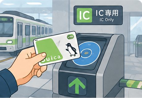 Using a Suica IC card at a train station ticket gate