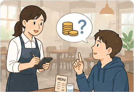 Traveler asking restaurant staff whether tipping is needed in Japan