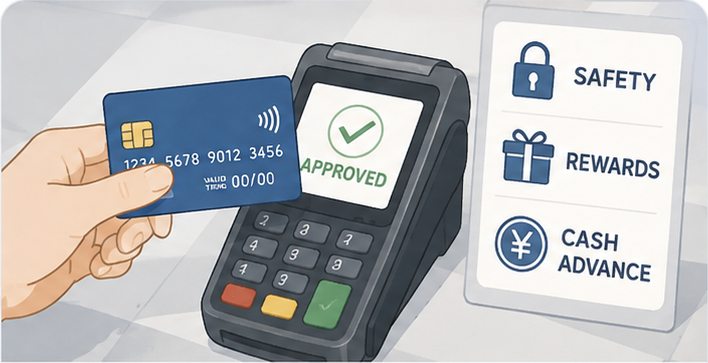 Credit card approved at a payment terminal with safety information