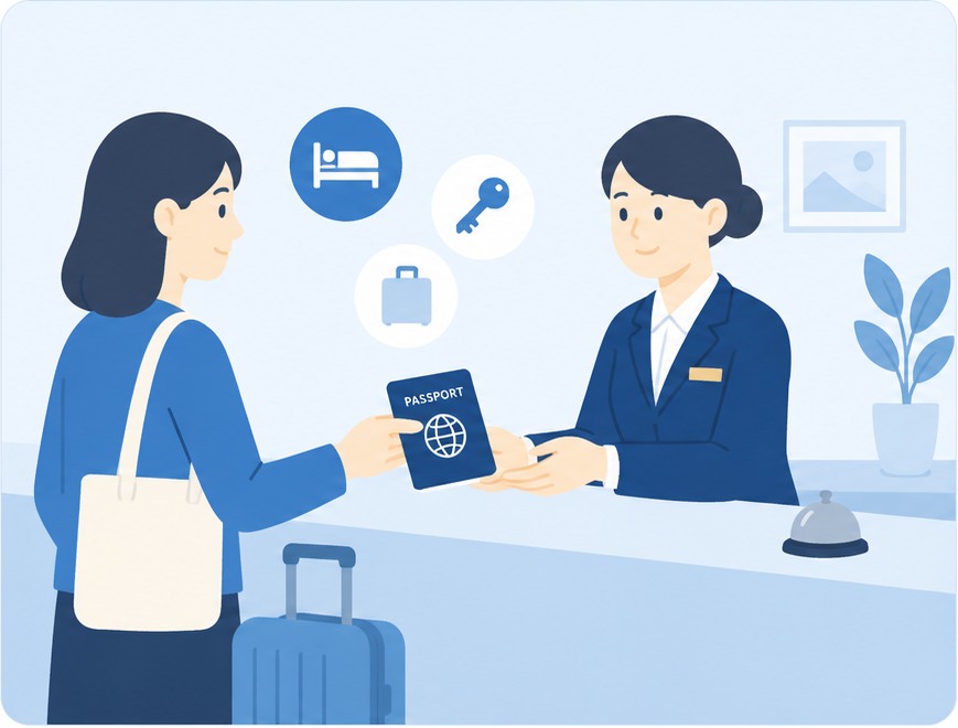 Traveler presenting a passport at a Japanese hotel or ryokan reception