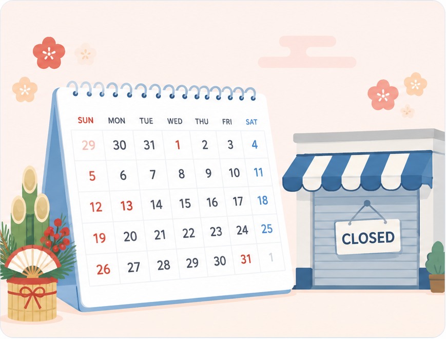Calendar and closed shop illustrating Japan New Year holiday closures