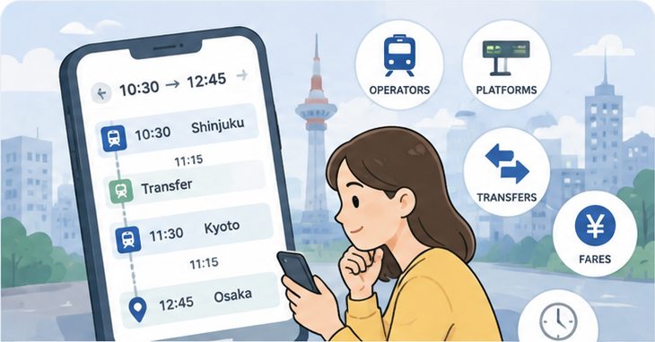 Traveler planning a train route across Japan on a smartphone