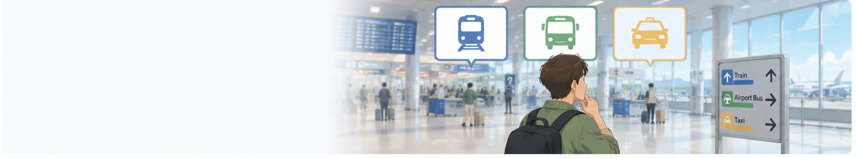 Traveler comparing train, airport bus and taxi options after arriving in Japan