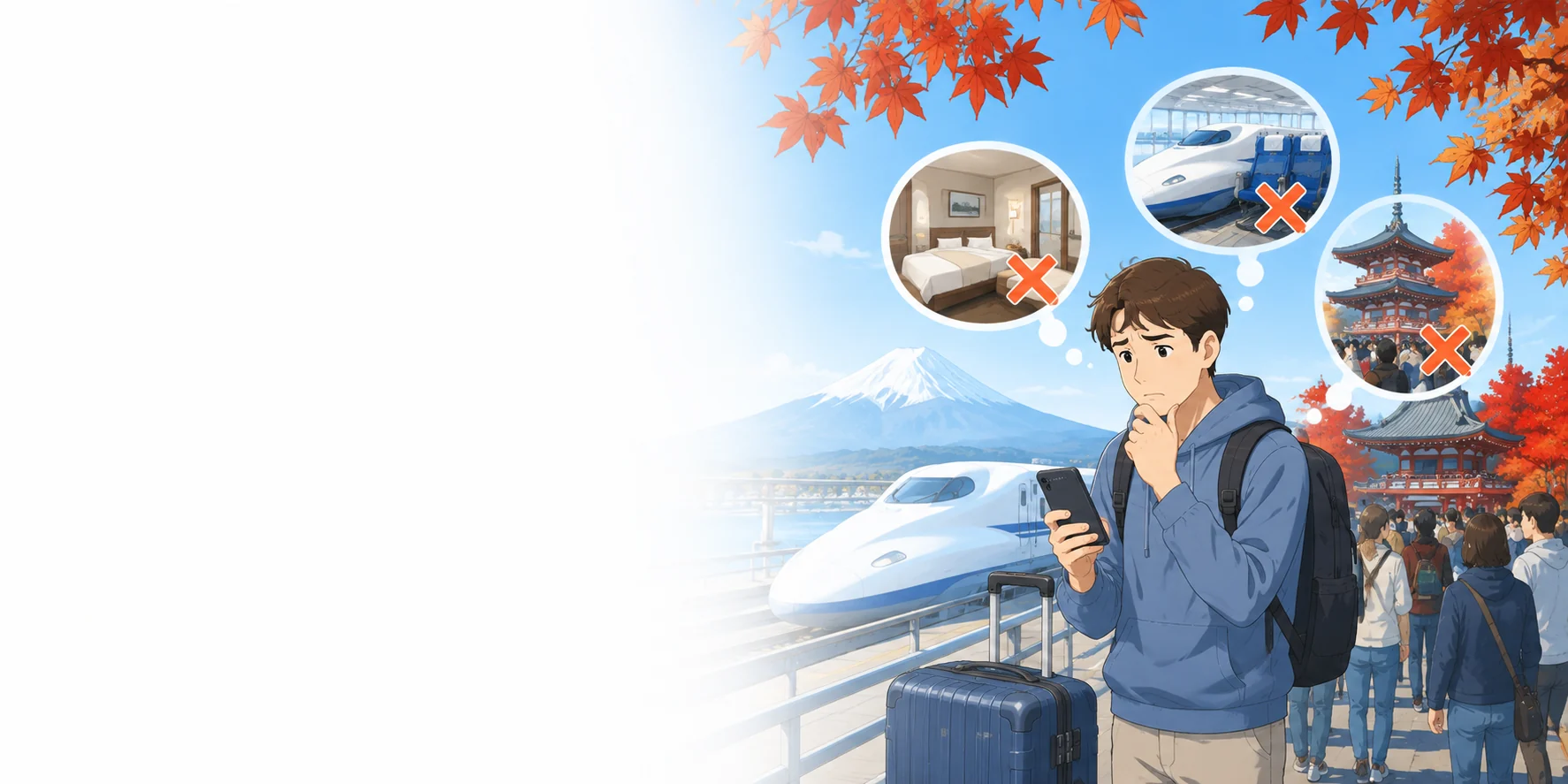 Traveler facing sold-out hotels, Shinkansen seats and crowded autumn sightseeing in Japan