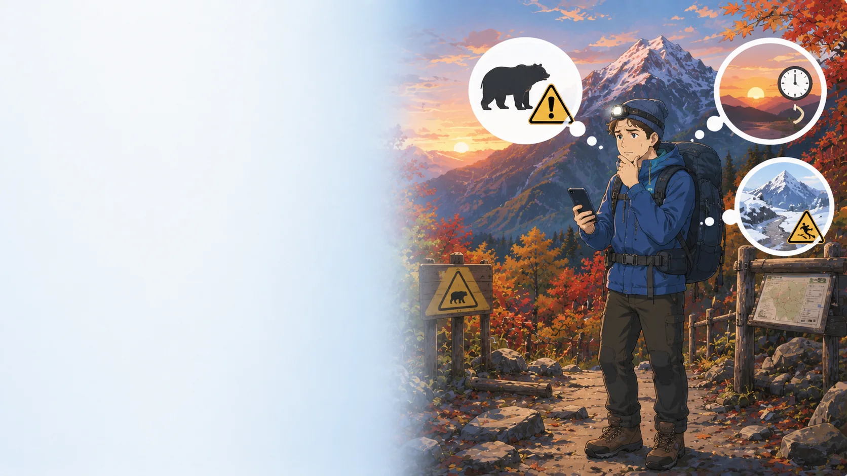 Traveler checking bear warnings, early sunset and first snow before an autumn mountain hike in Japan