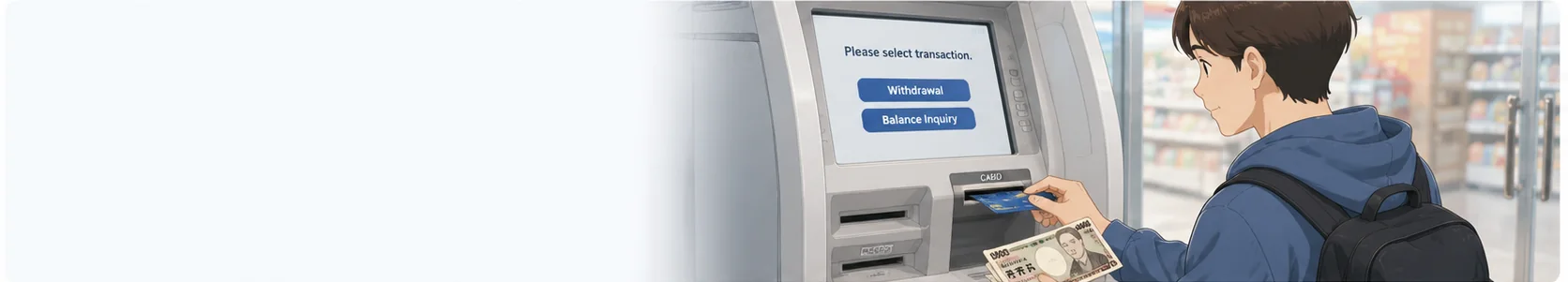 Traveler withdrawing Japanese yen from an ATM with an overseas card
