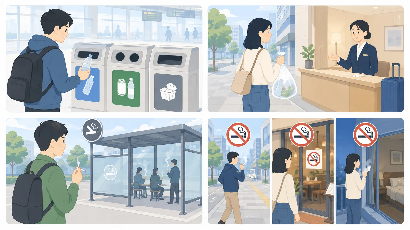 Traveler approaching a clearly marked enclosed smoking area
