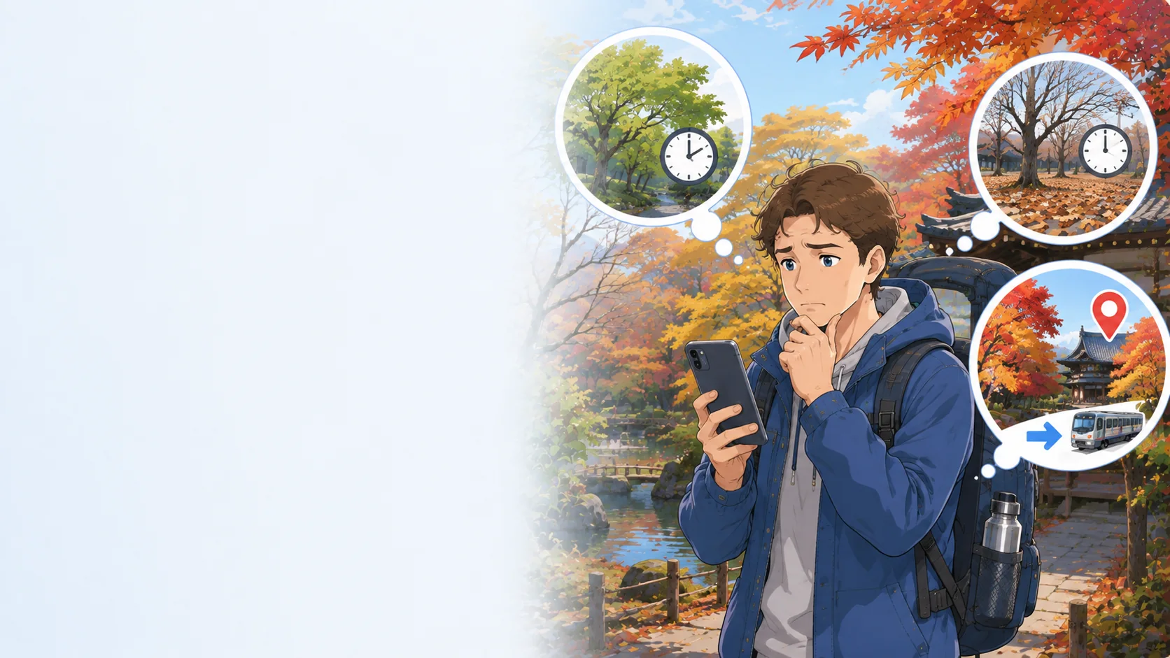 Traveler comparing still-green trees, fallen leaves and a reachable alternative autumn viewing location in Japan