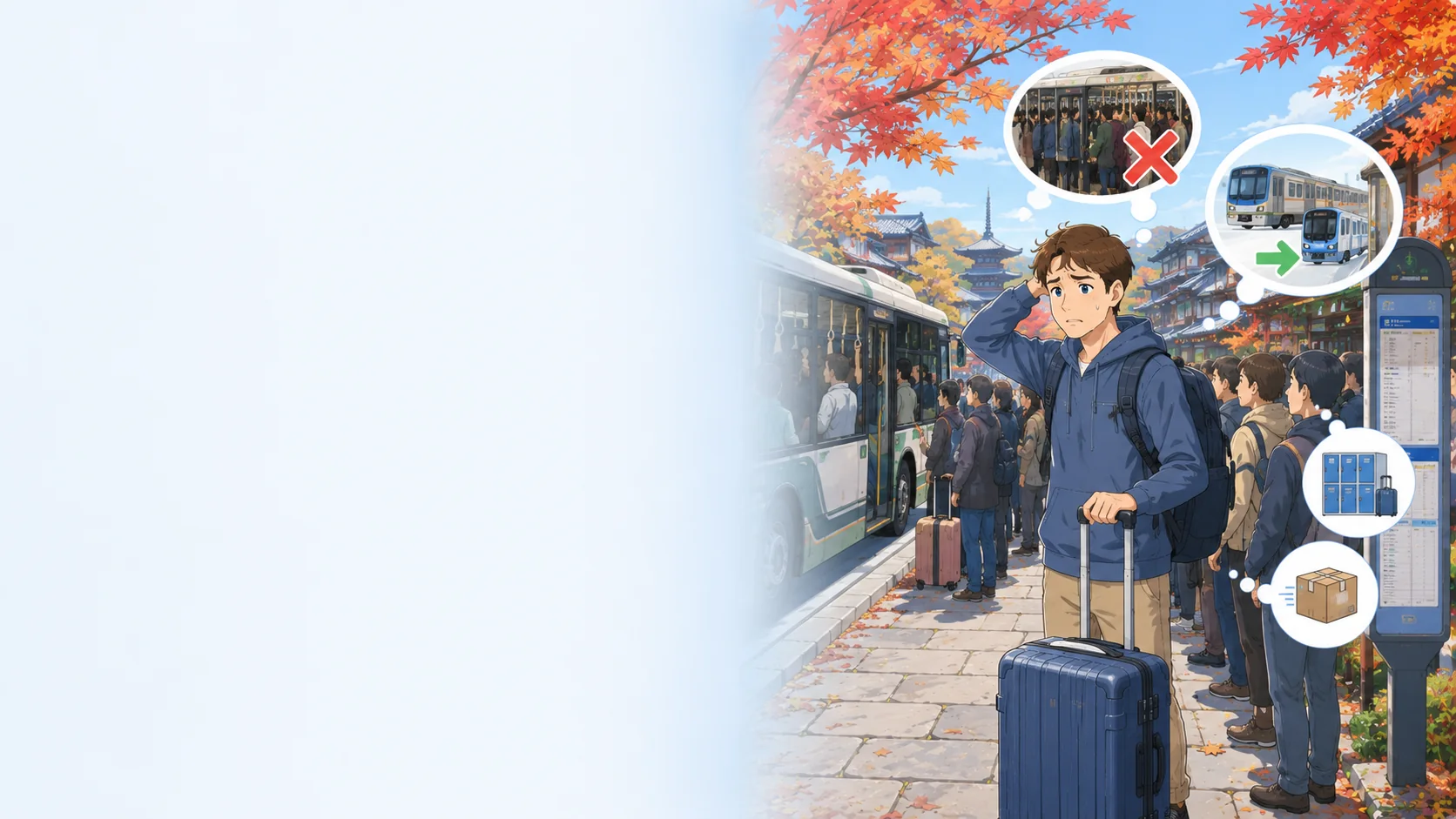 Traveler facing a full Kyoto bus during the autumn foliage season and considering trains, luggage storage and delivery