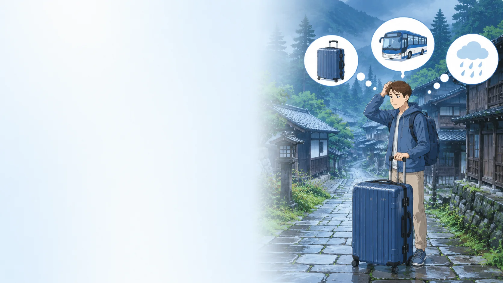 Traveler with a large suitcase checking bus, luggage and rain problems on the Magome–Tsumago Nakasendo