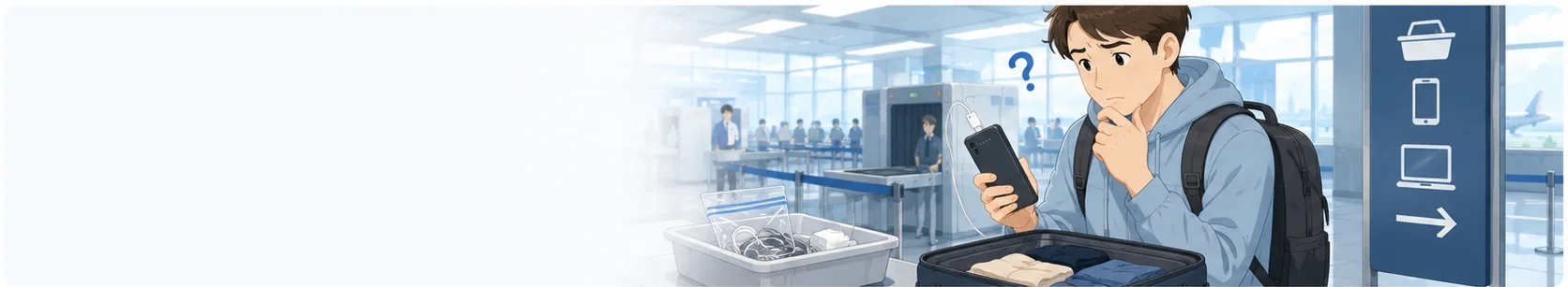 Traveler checking a power bank and charging cable before airport security