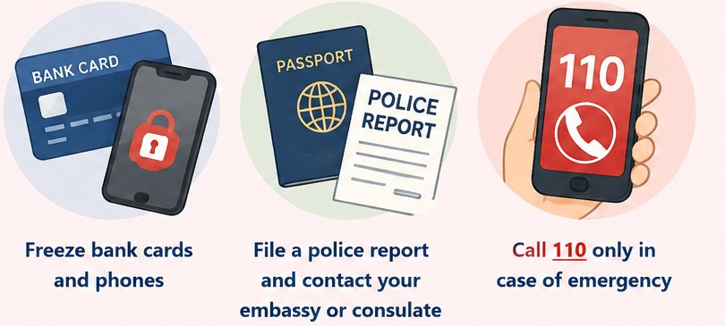 Freeze bank cards and phones, file a police report for a passport, and call 110 only in an emergency
