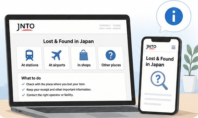 JNTO lost-and-found guidance shown on a laptop and phone