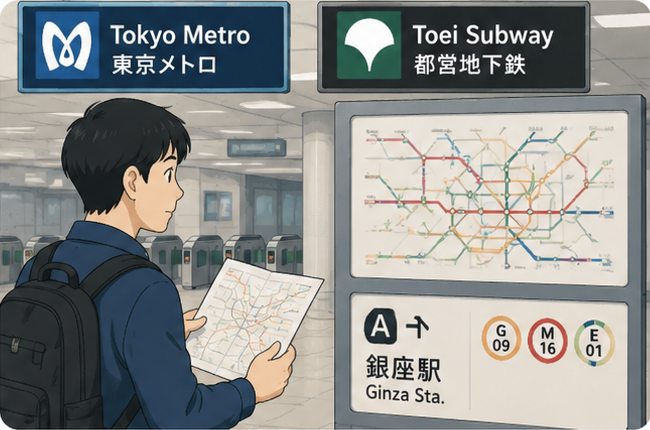 Tokyo Metro and Toei Subway signs for identifying the correct operator