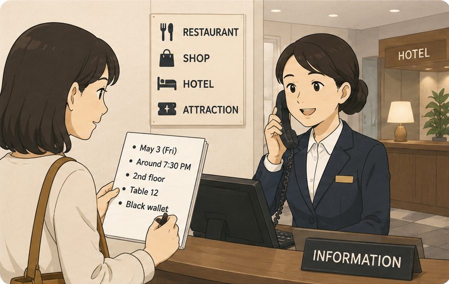 Traveler asking staff about an item lost at a shop, restaurant, hotel or attraction