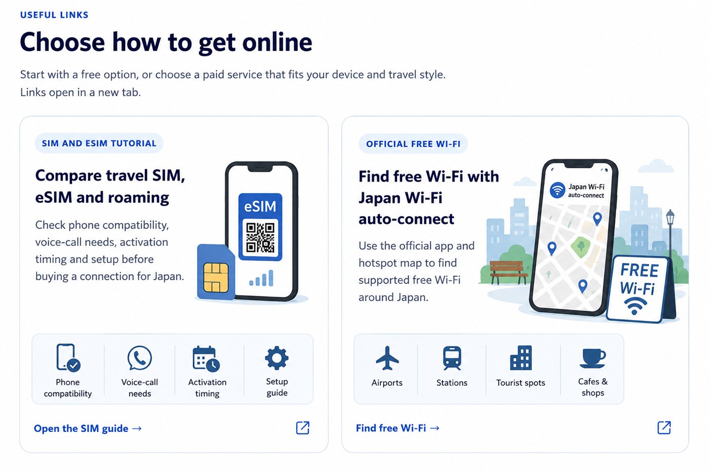 Traveler comparing free Wi-Fi, eSIM and pocket Wi-Fi options in Japan