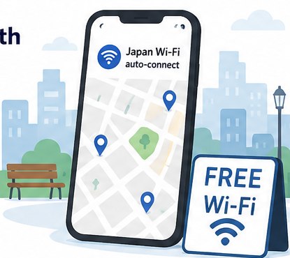Japan Wi-Fi auto-connect hotspot map on a smartphone
