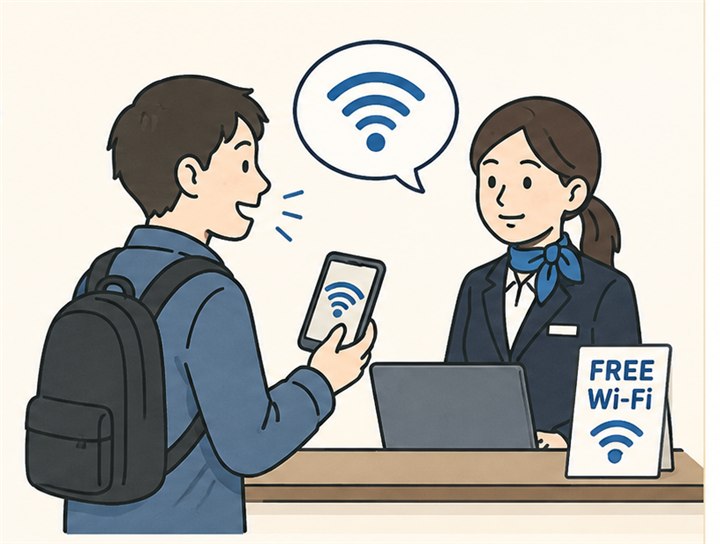 Traveler asking hotel staff whether free Wi-Fi is available