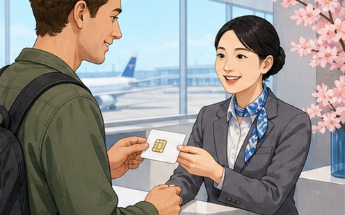 Traveler collecting a physical travel SIM at a Japanese airport counter