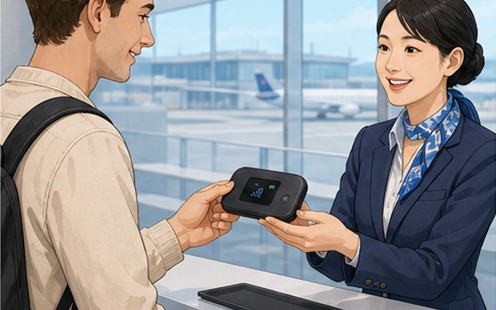 Traveler collecting a portable Wi-Fi router at a Japanese airport counter
