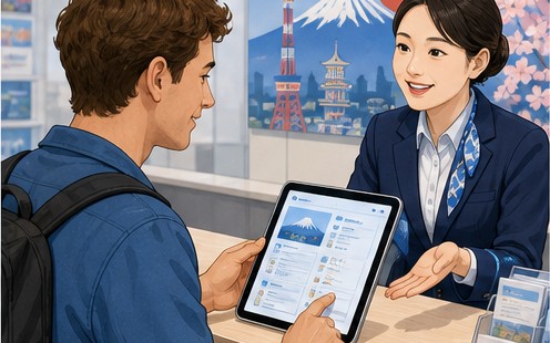Traveler checking official visitor connectivity information at a tourist information counter