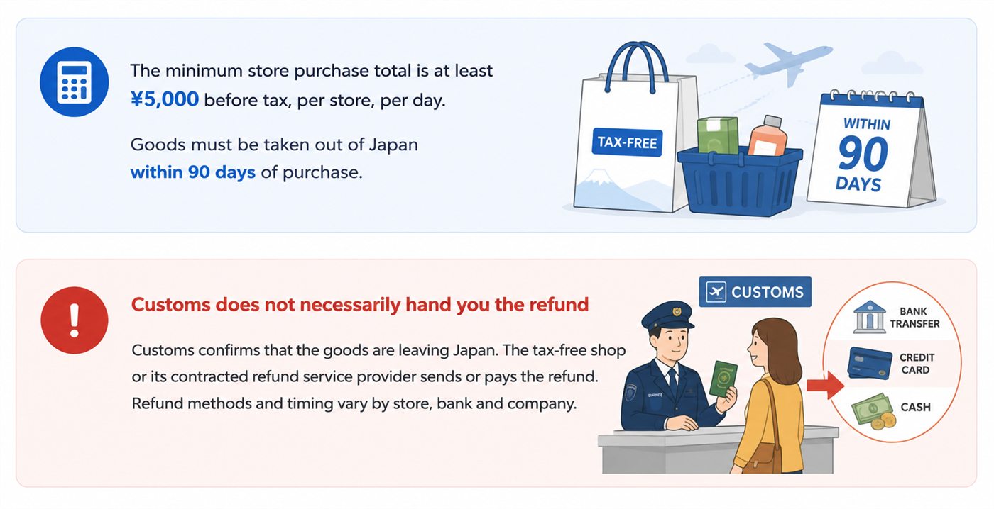 Tax-free minimum purchase and 90-day export rule with an explanation that the shop or refund provider, rather than Customs, issues the refund