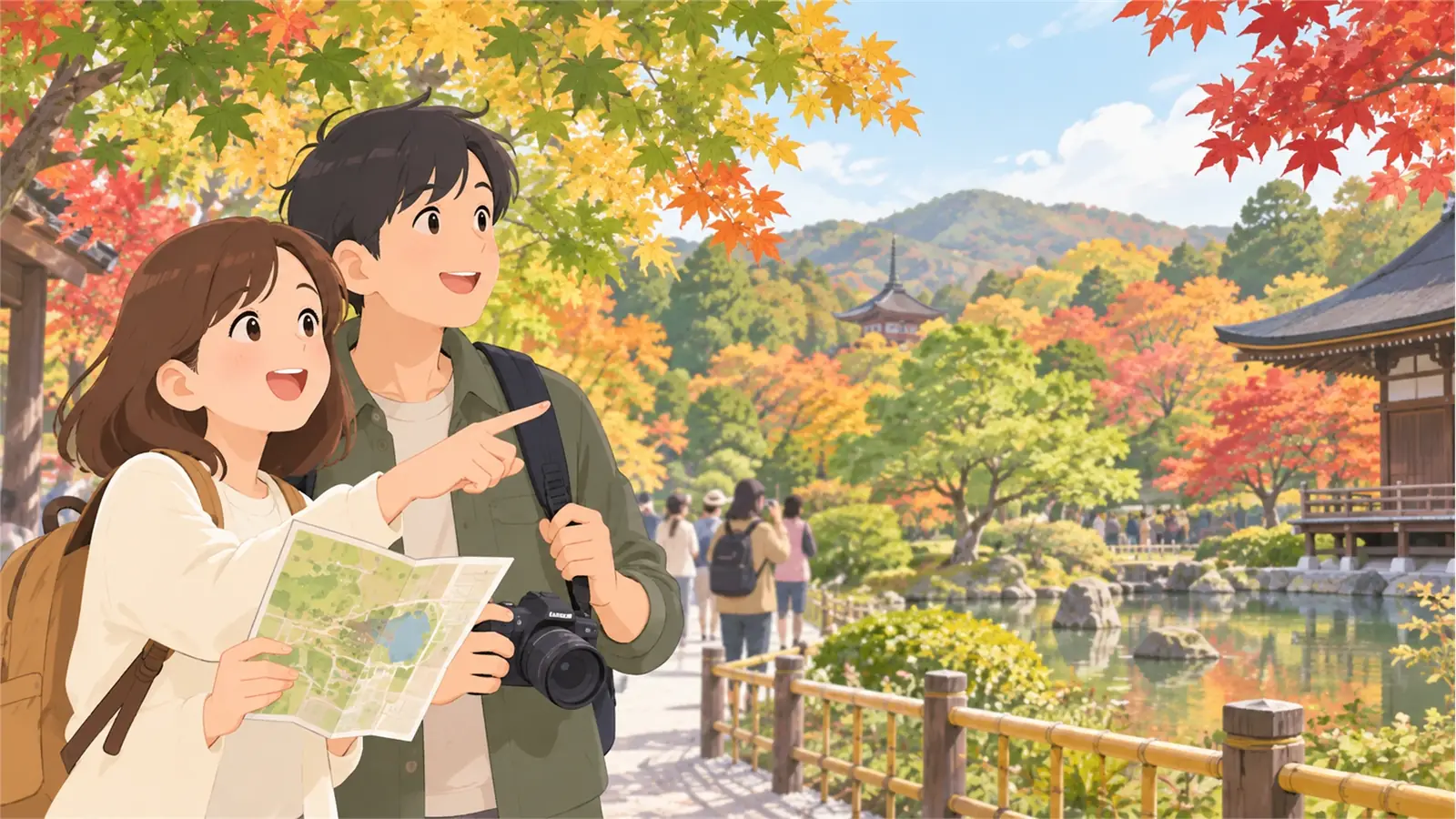 Travelers checking autumn leaves before peak season in Japan