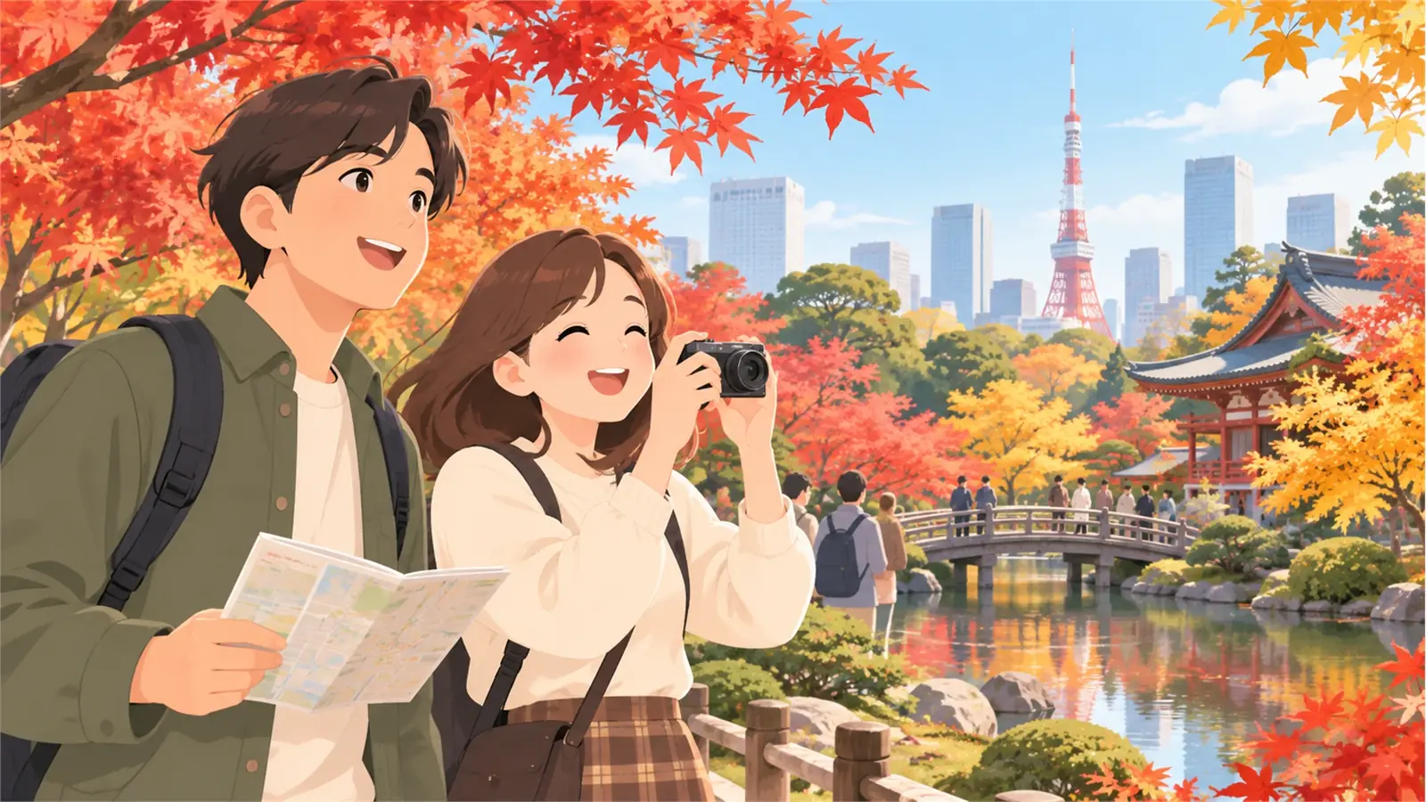 Travelers enjoying autumn leaves in Tokyo